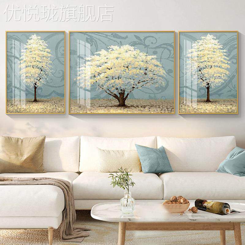 网红发财树寓饰意好客联厅装感现代简约沙发背景墙挂画画高级三画