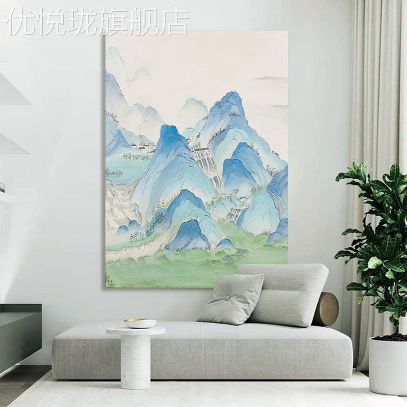 网红新中式手关绘油画玄千里江山图装饰画玄水关卧室青山绿高级感