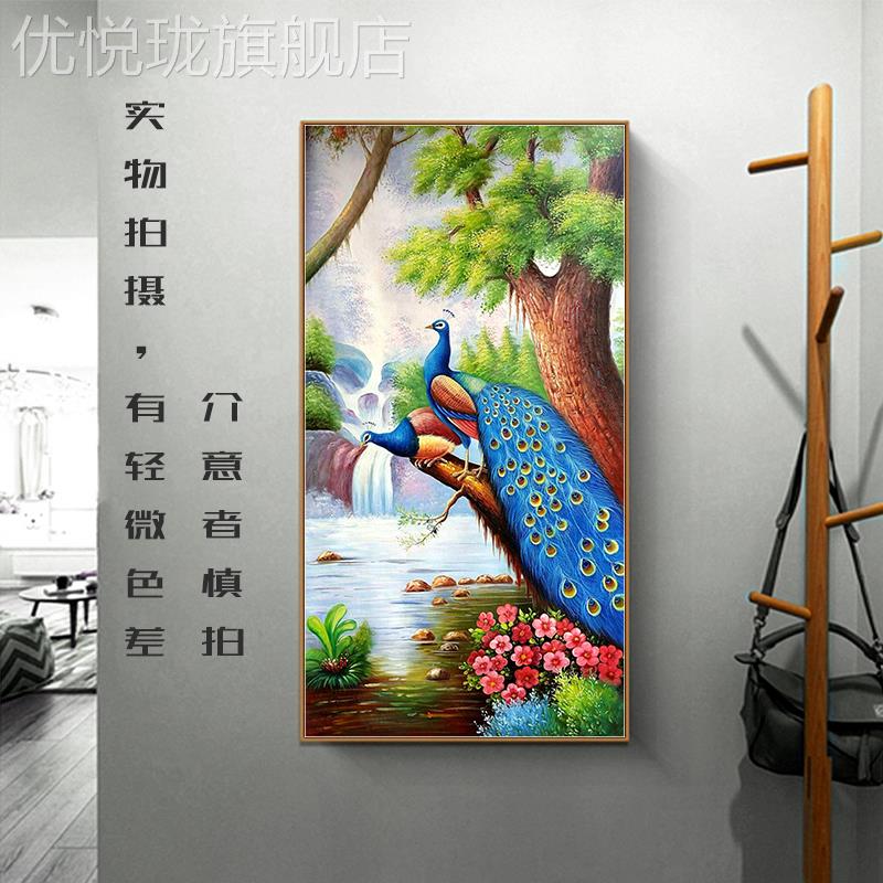 网红孔雀油画手绘竖欧版式走廊壁画画装饰客厅背景墙玄关风水挂画图片