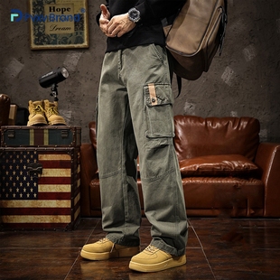 美式高端加绒工装裤男加厚2026秋冬季新款军绿色宽松直筒休闲裤子