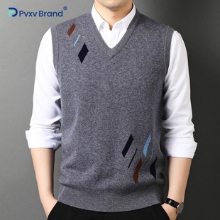 马甲男秋冬季100%纯羊毛加厚款针织衫无袖背心V领保暖坎肩毛衣男