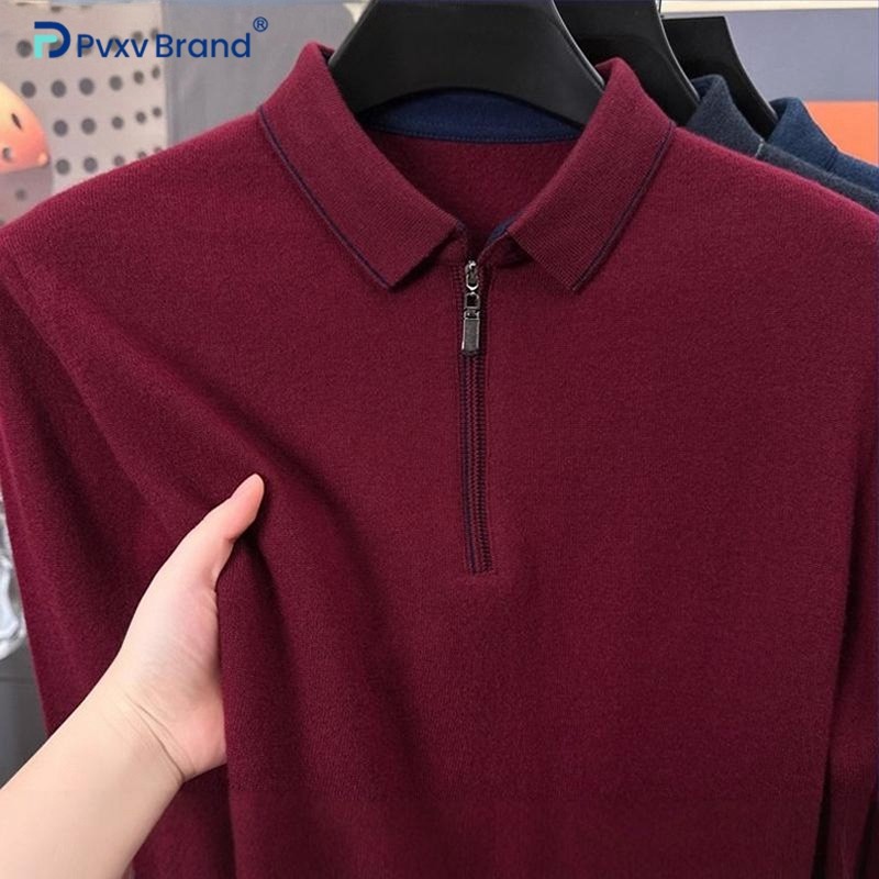 100纯羊毛衫男士红色毛衣打底春秋冬季翻领拉链针织爸爸装Polo衫