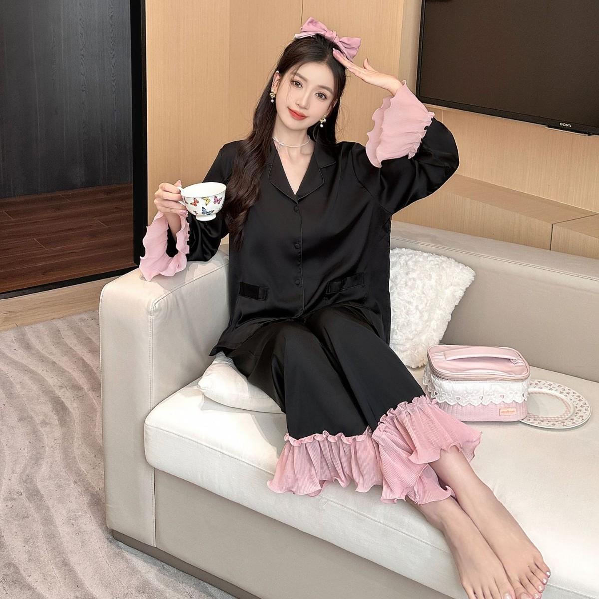 冰丝睡衣春夏季高级感荷叶边长袖宫廷风家居服少女甜美风睡衣1173