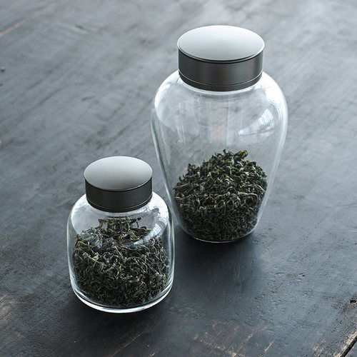 日式玻璃密封茶叶罐锡盖便携