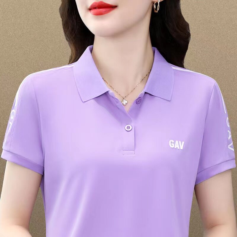 薄款妈妈纯色t恤女夏季polo衫中老年装洋气翻领运动上衣休闲大码