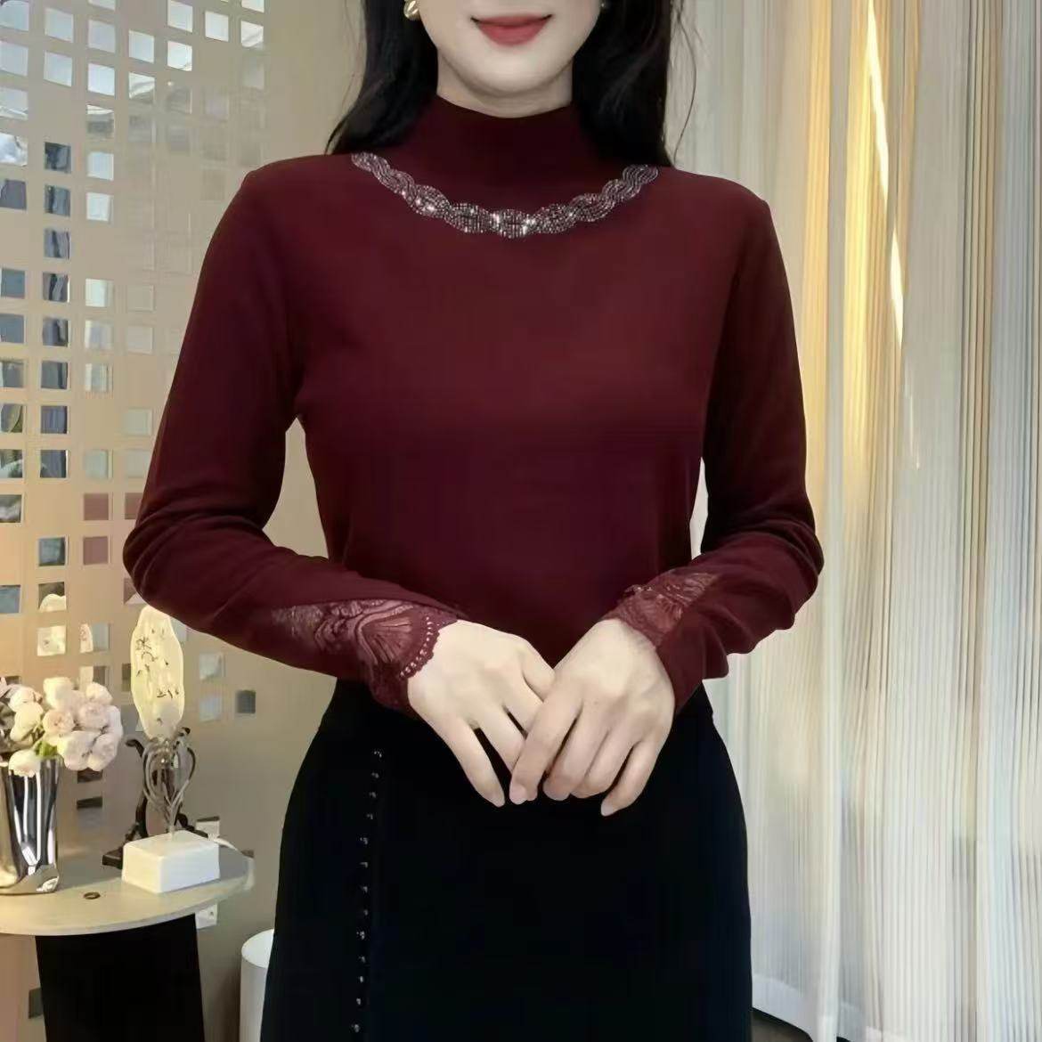 清仓捡漏~德绒新款洋气轻奢蕾丝袖半高领重工烫钻打底衫妈妈上衣,女装/女士精品,大码内搭,淘宝优惠券,粉丝福利购,淘宝优惠卷