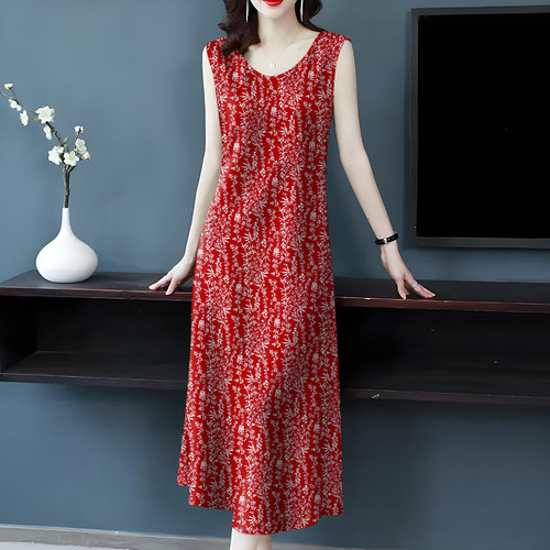 广州十三行高端爆款~中老年修身气质妈妈装背心吊带中长款连衣裙