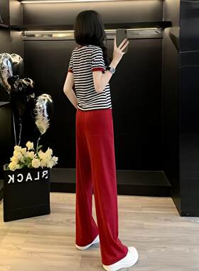 时尚休闲女套装2026夏天条纹短袖T恤红色阔腿长裤两件运动套装