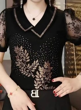 夏季短袖T恤女2025新款气质娃娃领蕾丝减龄宽松黑色烫钻上衣小衫
