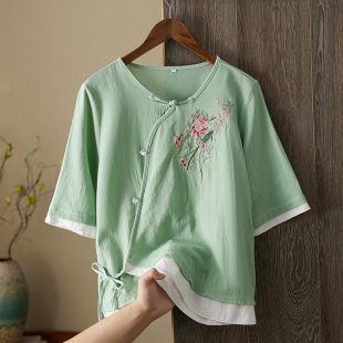 薄款 遮肚子显瘦冰丝衬衫 女装 宽松大码 高档棉麻衬衫 民族风上衣夏季