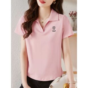 短袖t恤女夏季休闲减龄宽松刺绣图案宽松polo衫遮肚百搭显瘦上衣