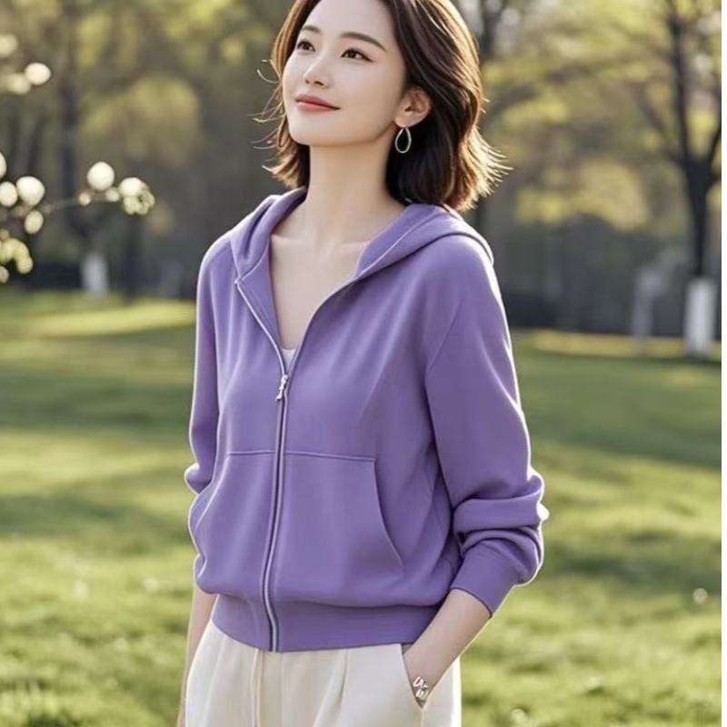 大码宽松卫衣女韩版2025春季新款中老年妈妈装纯色连帽外套女长袖