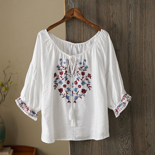 上衣女衬衫 纯棉宽松蓬蓬娃娃衫 清新刺绣花边文艺灯笼袖 女士娃娃袖