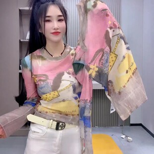 夏季新款彩虹小马印花舒适简洁百搭洋气减龄防晒网纱长袖上衣T恤