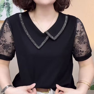 新款 时尚 T恤女2025夏季 翻领短袖 宽松显瘦气质休闲烫钻上衣 妈妈装