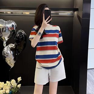 2026夏季新款两件套红蓝撞色条纹短袖t恤女白色短裤子休闲运动服