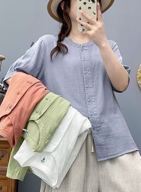 立体领双层纱棉2026夏季新款圆领衬衫女时尚百搭五分袖上衣手套