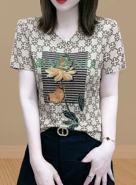 夏季新款花烫钻时尚v领短袖t恤女洋气妈妈气质减龄显瘦遮肉上衣