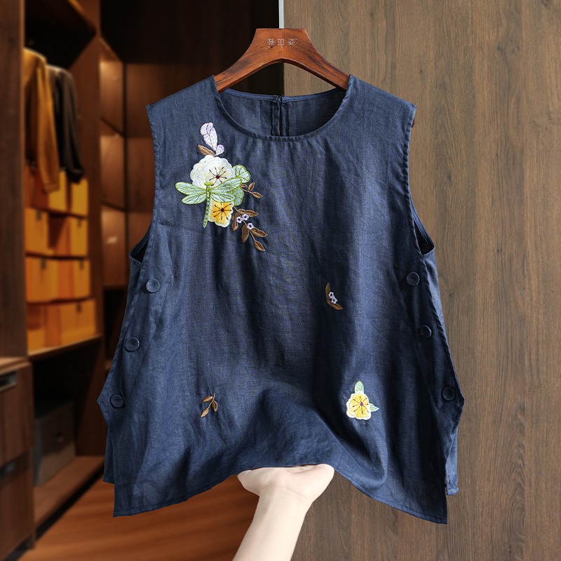 捡漏~新中式复古刺绣棉麻背心外穿女宽松薄款圆领打底衫吊带上衣
