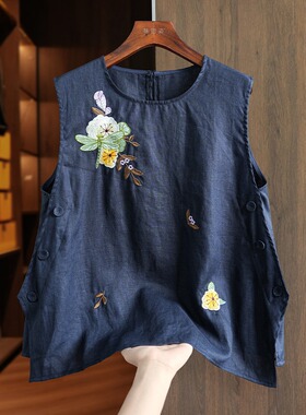 捡漏~新中式复古刺绣棉麻背心外穿女宽松薄款圆领打底衫吊带上衣