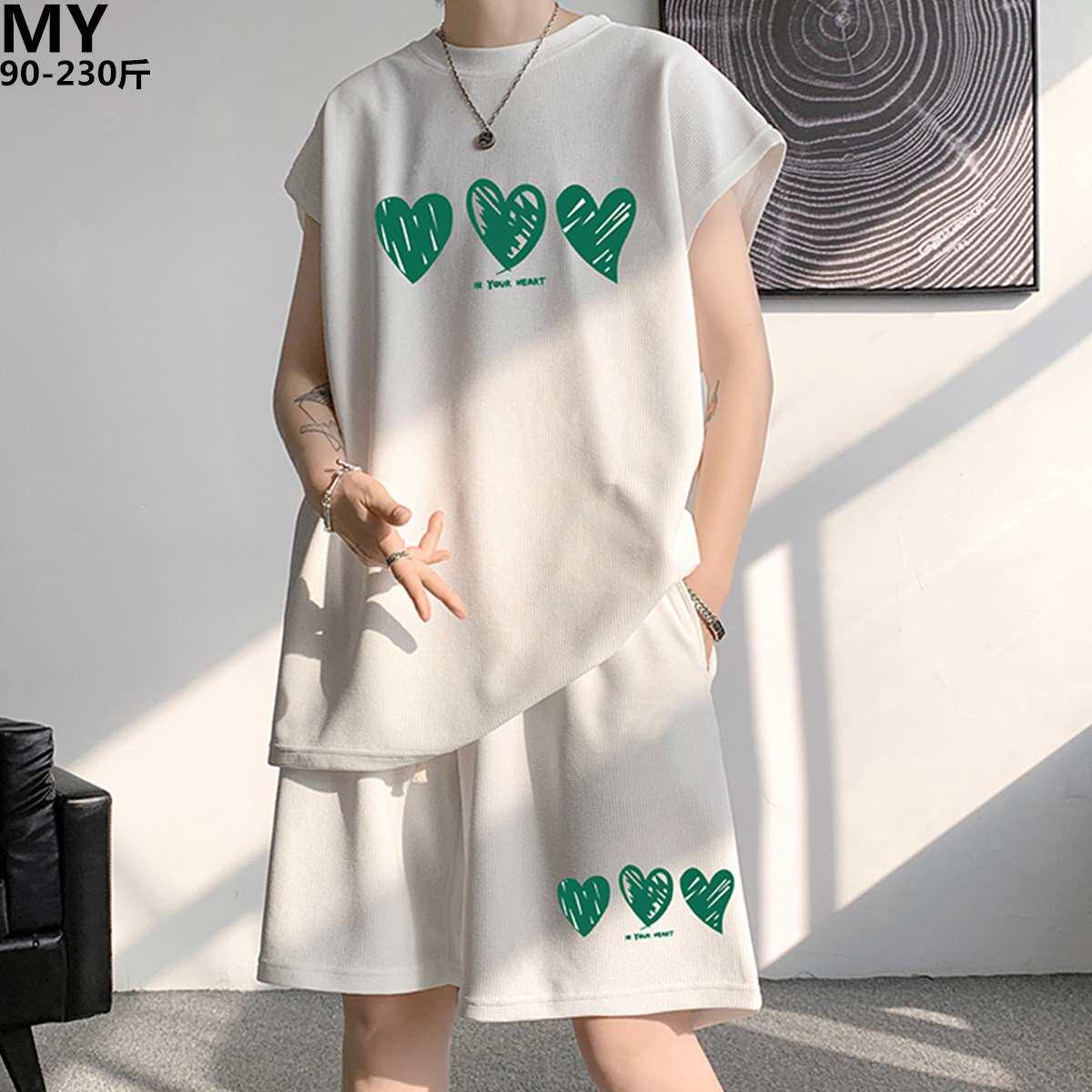 爱心印花运动背心套装男夏季加肥加大码潮胖人宽松休闲短裤两件套