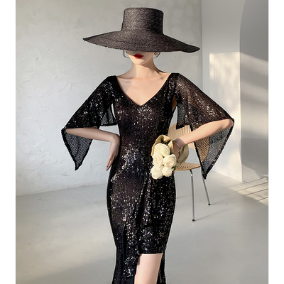 高定晚礼服连衣裙夏季轻奢小众高端演出服女宴会黑色小个子主持人