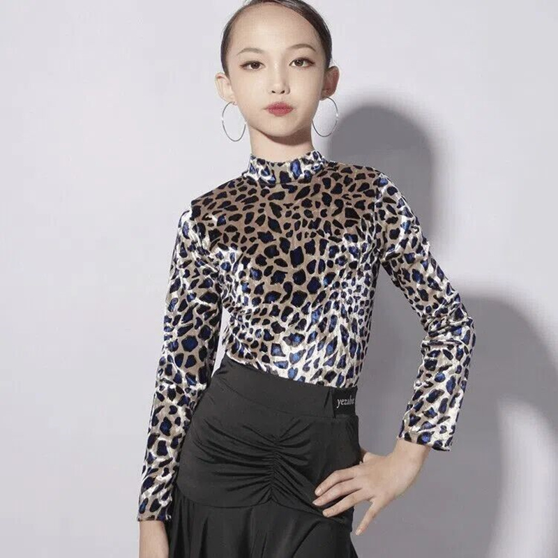 拉丁舞服女e儿童秋冬季分体比赛训练表演服豹纹长袖拉丁舞裙练功