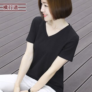 夏装新款女士短袖t恤打底衫宽松2021v领竹节棉白色半袖黑色上衣服