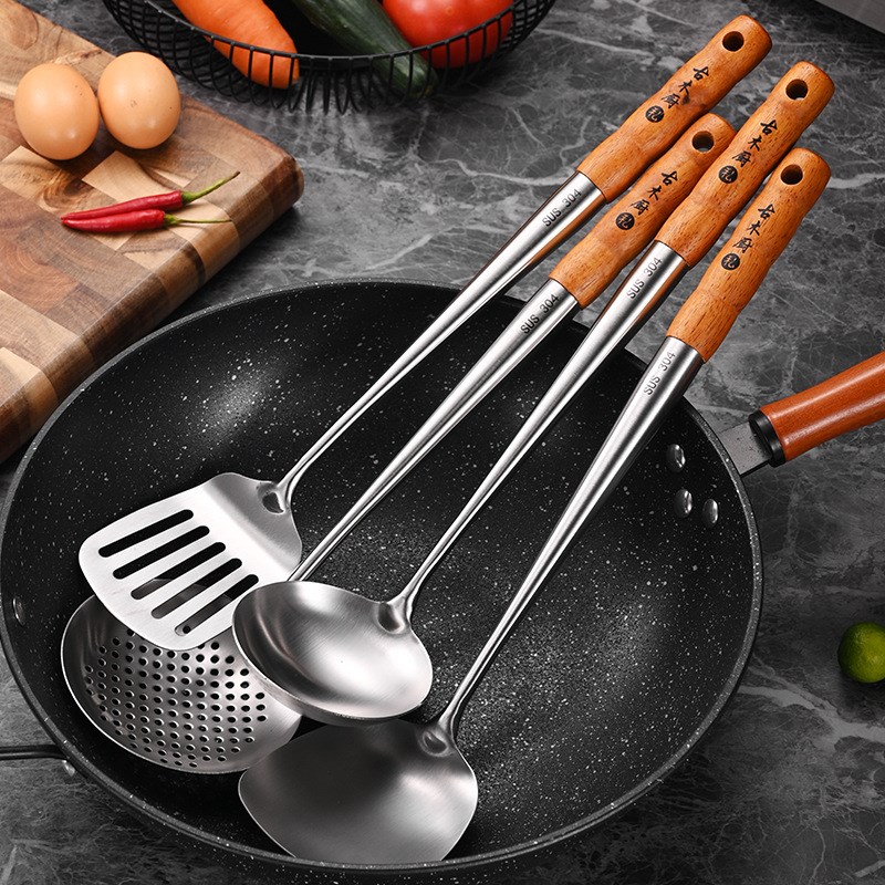 304不锈钢锅铲汤勺古木柄厨具四件套煎铲漏铲漏勺烹饪勺铲套装