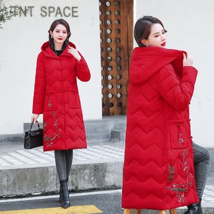 冬季民族风中长款盘口羽绒棉服绣花D女加厚中式过膝复古大棉袄外