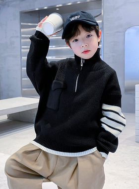 儿童冬季黑色半开衫高领毛衣202C3新款男童秋冬装加厚针织衫外套