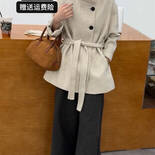 2024年秋季新款立领双面羊绒大衣女韩版A型系带裙摆式羊毛外套短