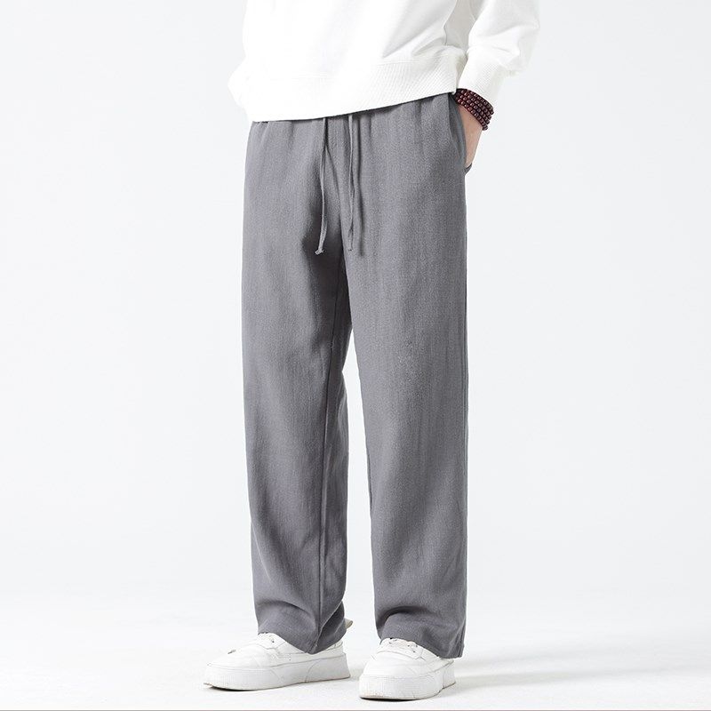 中国风秋冬休闲棉麻休闲裤男士纯色大码直M筒裤百搭宽松哈伦长裤