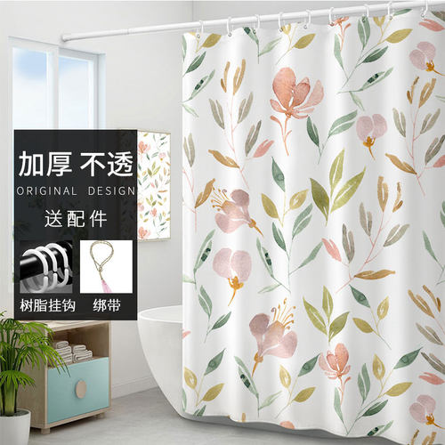 手绘小花浴帘套装免打孔加厚防霉隔D断帘卫生间洗澡帘浴室防水浴