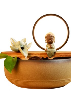 中式招财陶瓷鱼缸摆件桌面风水A轮流水喷泉客厅加湿器氛围灯装饰