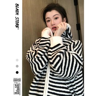 黑白条纹连帽半边绒睡衣女冬季加厚毛绒针织开衫长裤家居服套装冬