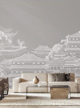 新中式楼阁壁纸古风电视背景墙纸硬包定制L壁画饭店客餐厅装饰墙