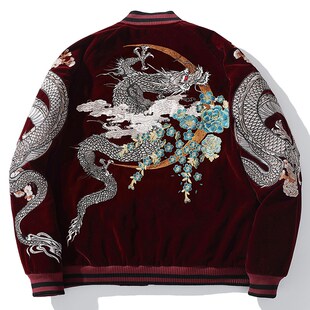 千往国潮男士横须贺重工龙刺绣龙凤国风外套男女情侣上衣平绒红色