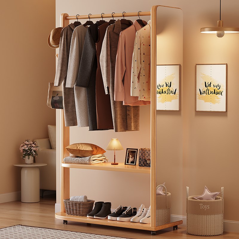 实木衣帽架落地卧室挂衣架带镜子家用客厅入户门置物架穿衣镜一体