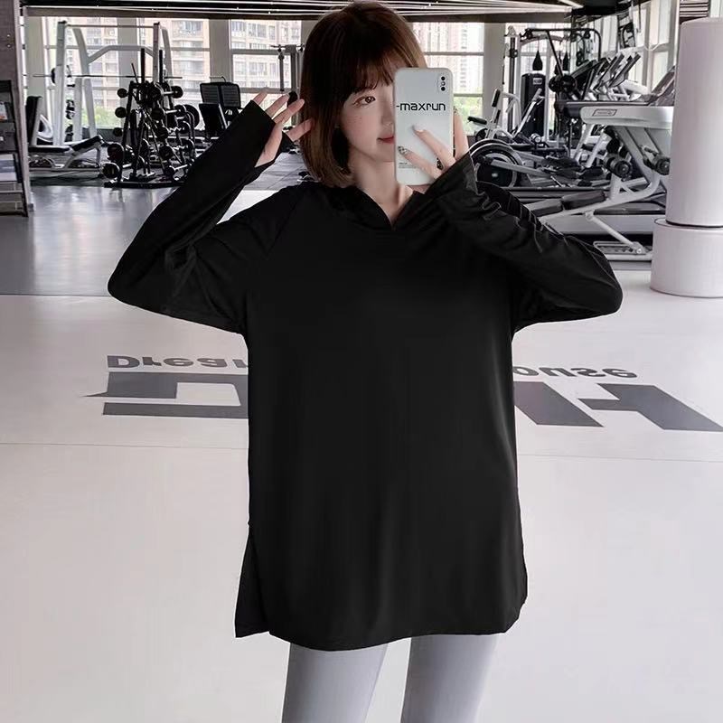 瑜伽服上衣女春秋运动速干T恤女宽松长袖连帽罩衫跑W步训练健身服