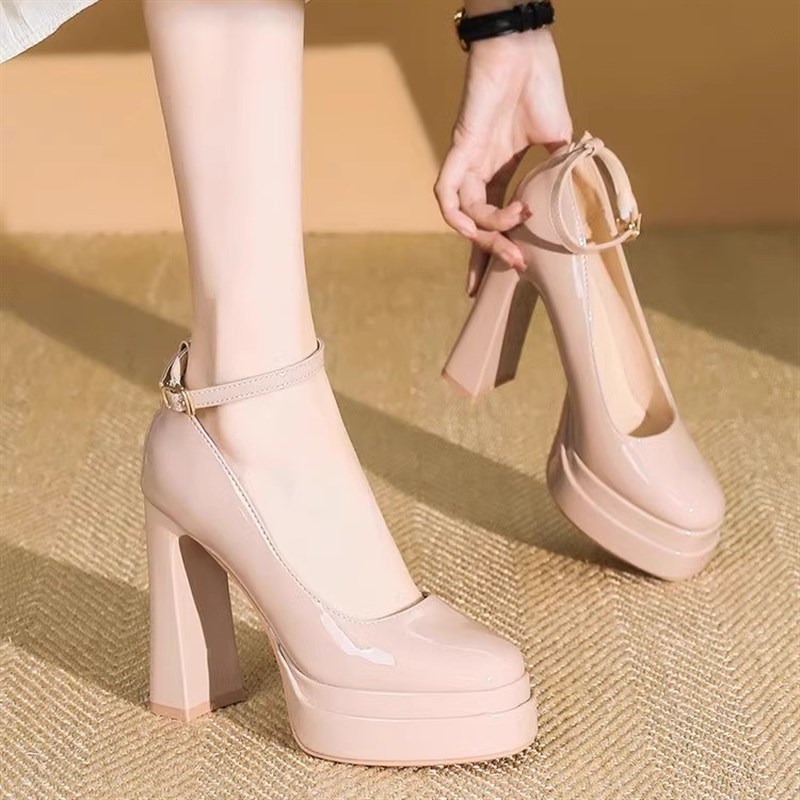 高跟鞋女2d025新款裸色一字扣带方头单鞋粗跟防水台超高跟11CM女