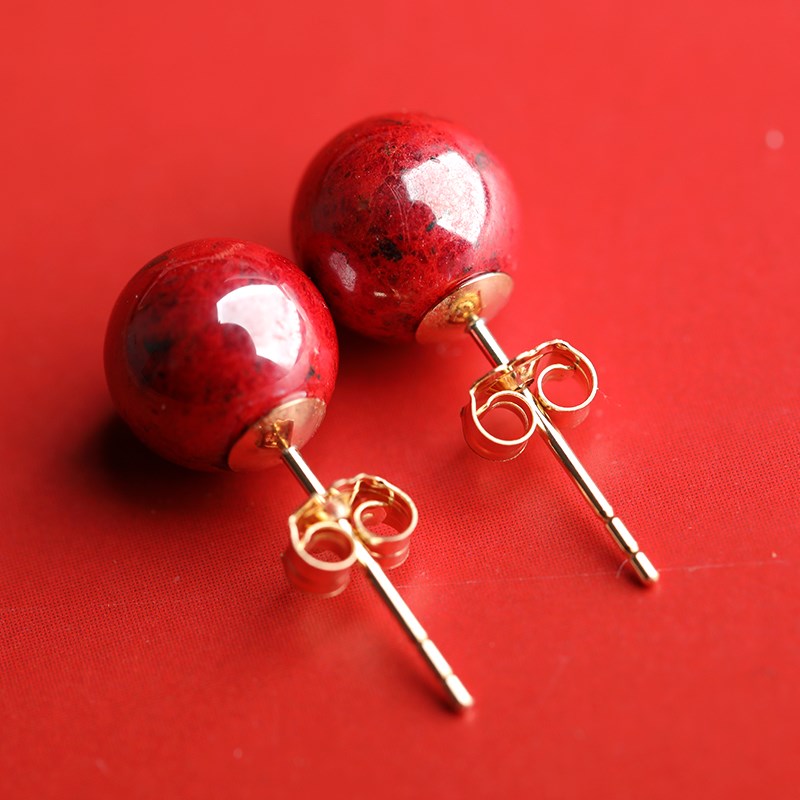 原矿原石朱砂耳钉女本命年红色复古耳饰圆K珠秋冬养耳洞纯银拧螺