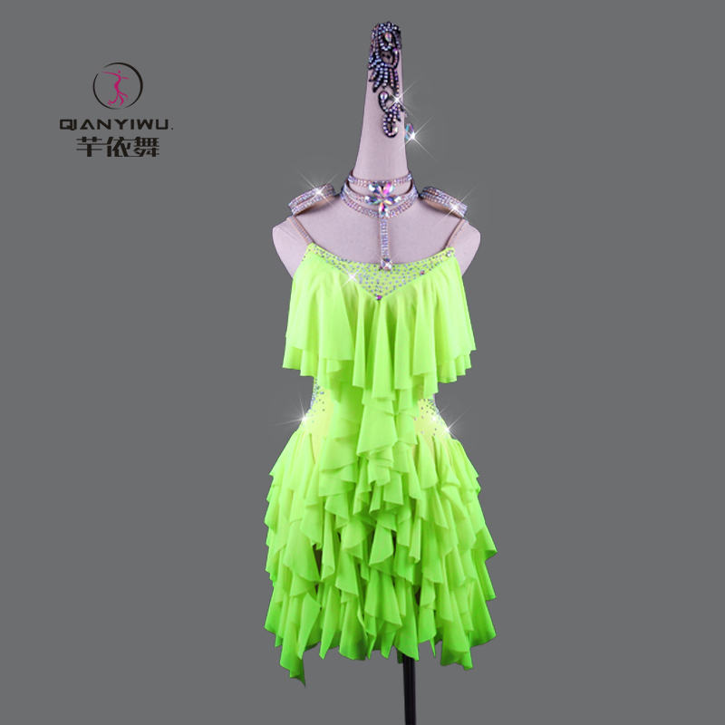 2021新c款拉丁舞服装女成人舞蹈群儿童表演比赛镶钻艺考练功绿裙