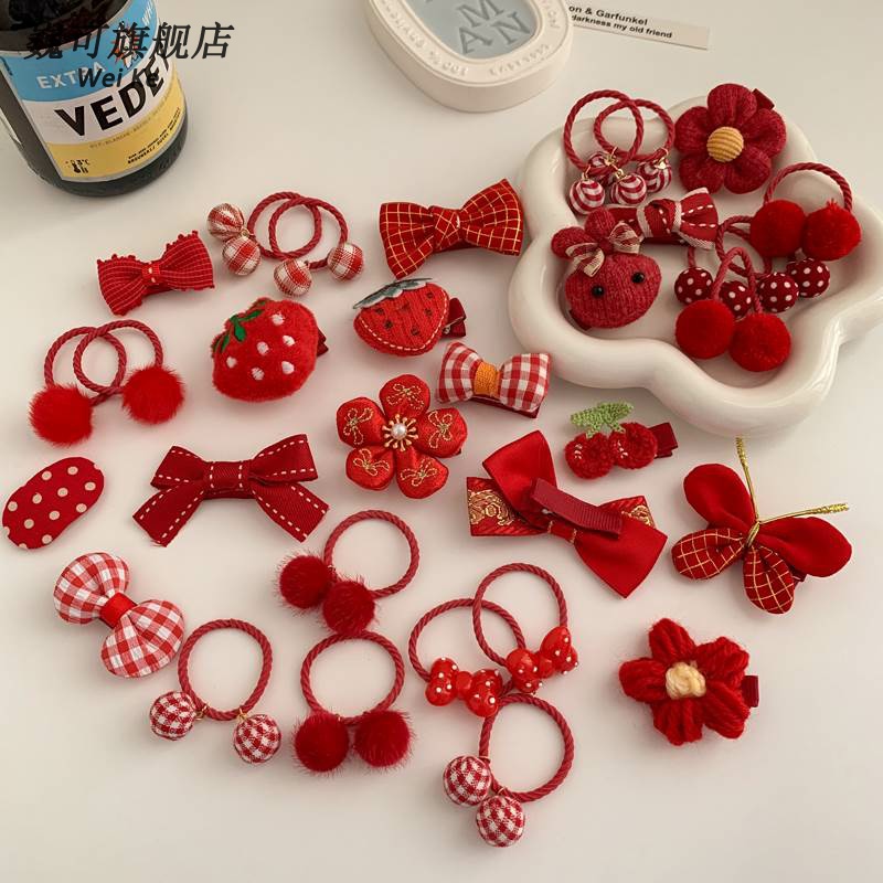 女孩红色新年头饰儿童发夹发箍中国风宝宝拜年发卡女Y童过年发饰.