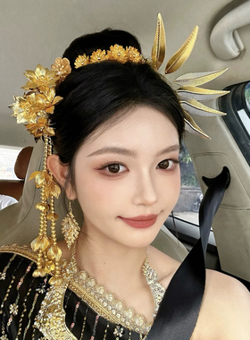 新款西双版纳傣族发簪子金色手工花朵侧头泰国饰品云南长须金色