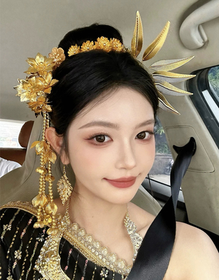 新款西双版纳傣族发簪子金色手工花朵侧头泰国饰品云南长须金色