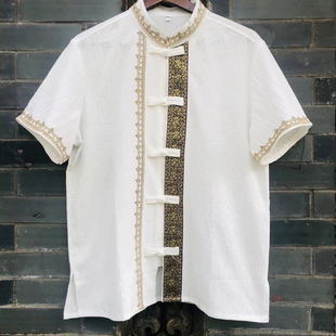 新款西双版纳傣族服装男款上衣复古风泼水节唐装云南短袖夏季