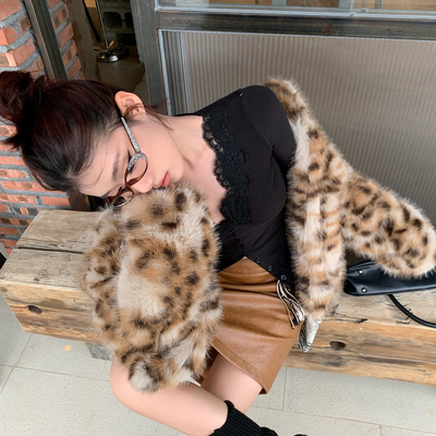 unbelievable-冬上新豹纹毛绒短款修身短外套3332