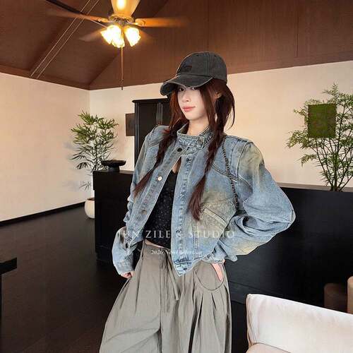 小众设计美式复古做旧风涂鸦立领夹克宽松长袖上衣牛仔外套女秋装