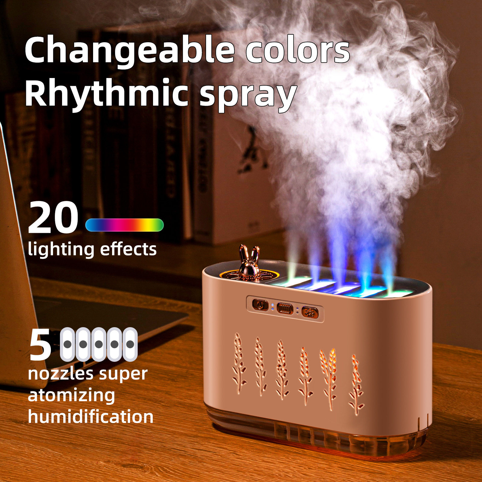 新品空气加湿器家用静音卧室五孔喷雾香薰创意动感七彩声控拾